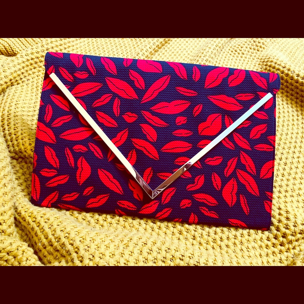 Navy Blue & Red Lips Large Clutch